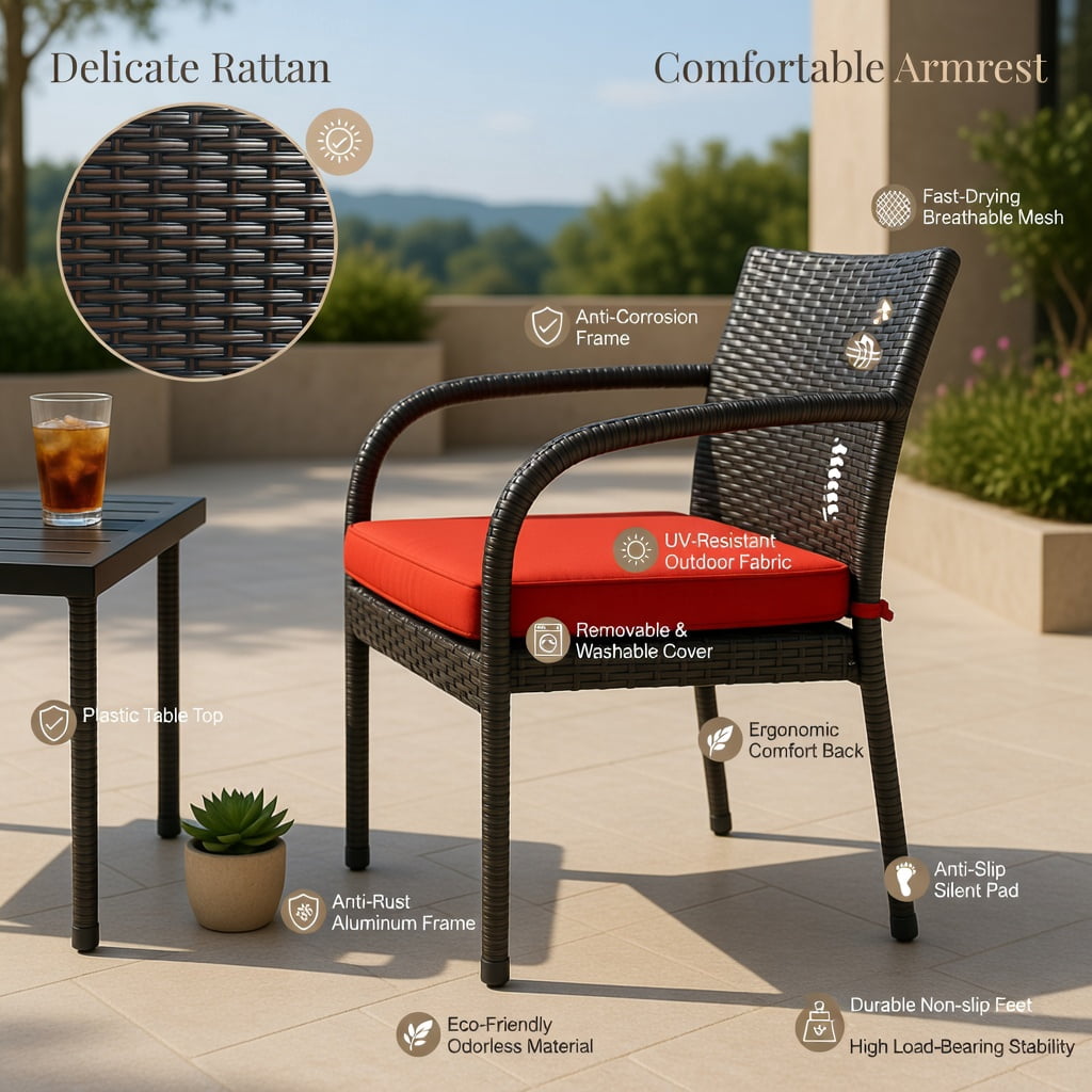 Hommoo Modern Outdoor Patio Conversation Set with Built-in Trapezoid Coffee Table & Removable Cushions, Brown Rattan, Red