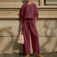 thumbnail image 2 of UDAUDU Women's Summer Linen Set Button Down Puff Sleeve Shirt And Drawstring Pants Two Piece Outfit Wine S, 2 of 5