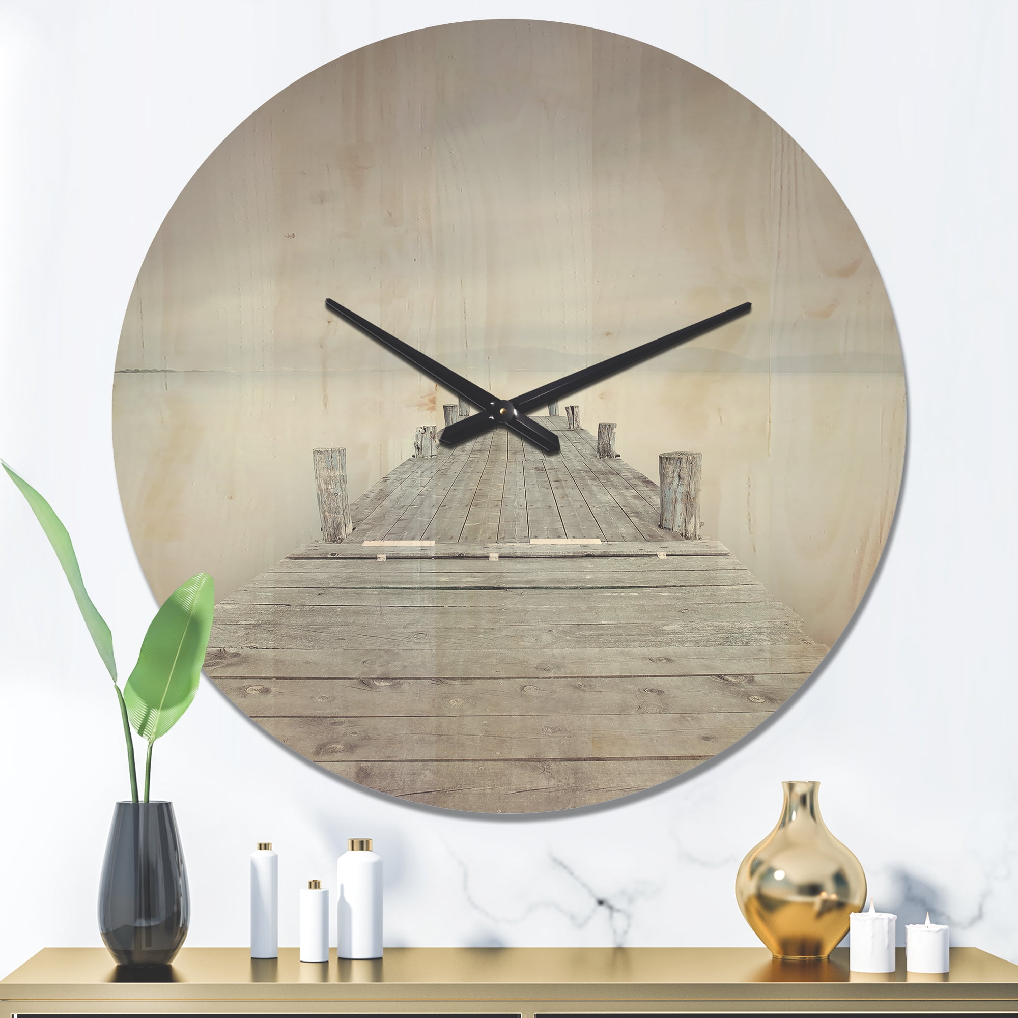 Designart 'Wooden Pier On Lake in Cloudy Mood ' Modern Wood Wall Clock