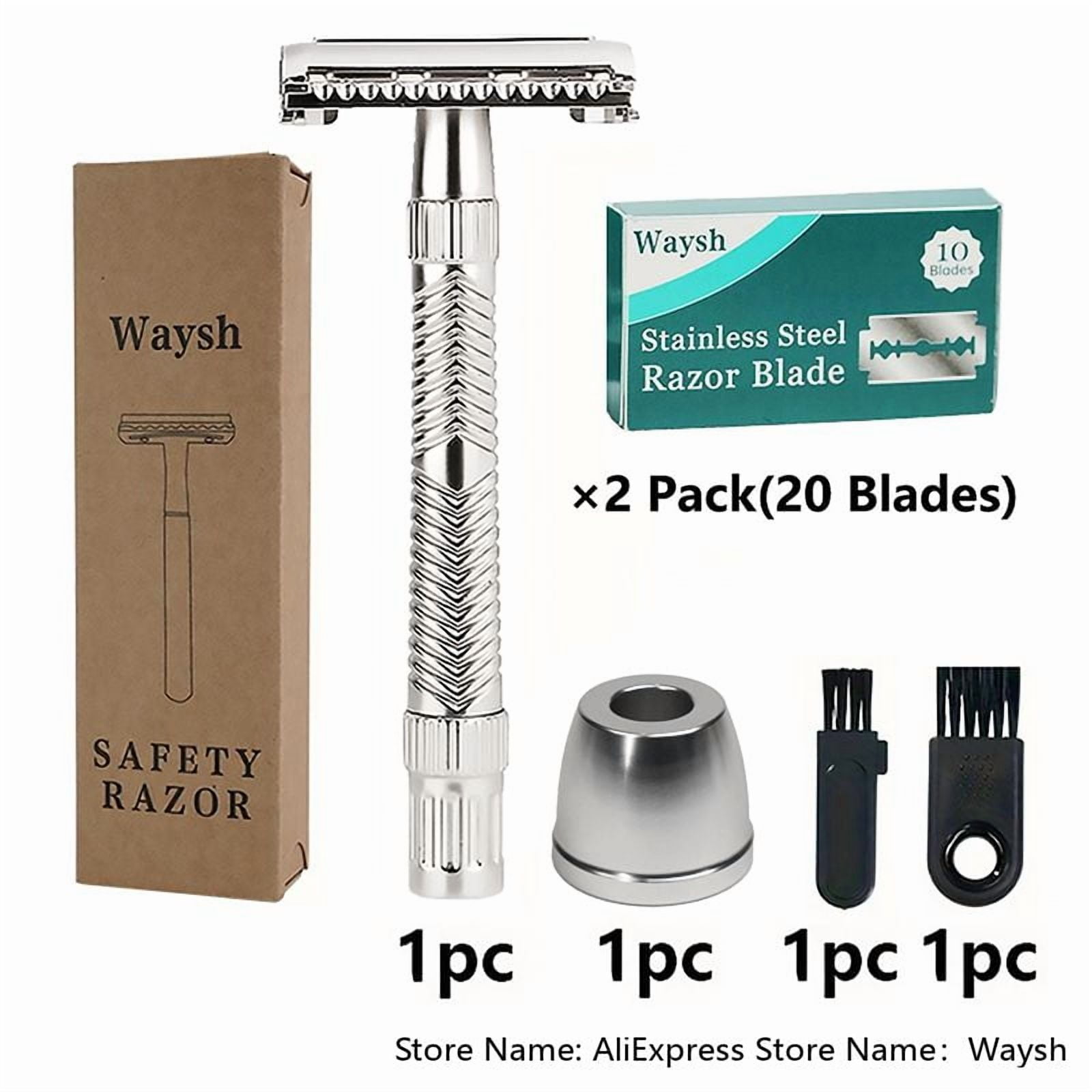 Waysh Classic Wet Shave Safety Razor Kit with Stand & 20 Refill Blades, All-Metal Construction with Non-Slip Handle, Chrome Silver