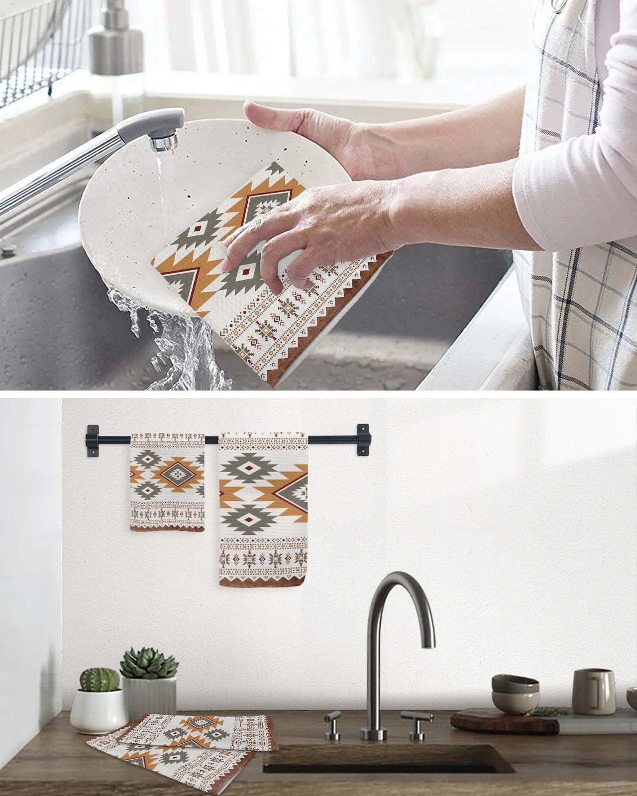 Southwest Geometric Hand Towels Set,Waffle Weave Kitchen Towels 3Pcs,Western Beige Grey Boho Vintage Wooden Microfiber Hair Face Bath Tea Towel Absorbent Quick Drying Cleaning Dish Cloths 15.7"x23.6"