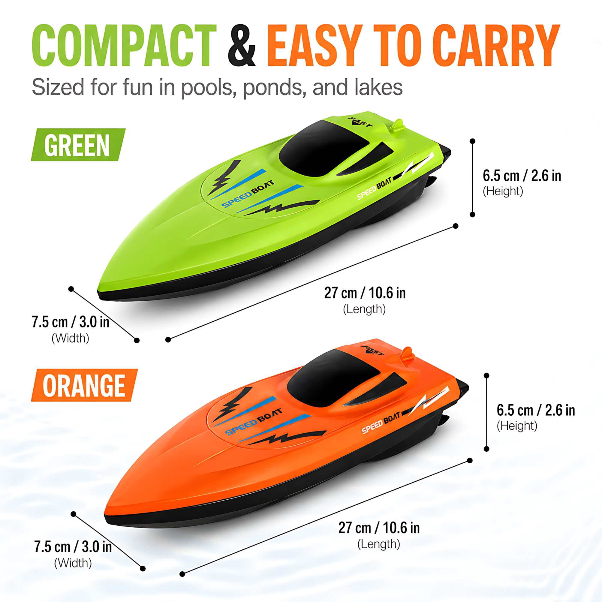 Remote Control Boat 2-Pack, 2.4G Dual Motor Speedboats for Pools and Lakes, Waterproof Outdoor Water Toy for Kids Age 6+, Orange & Green