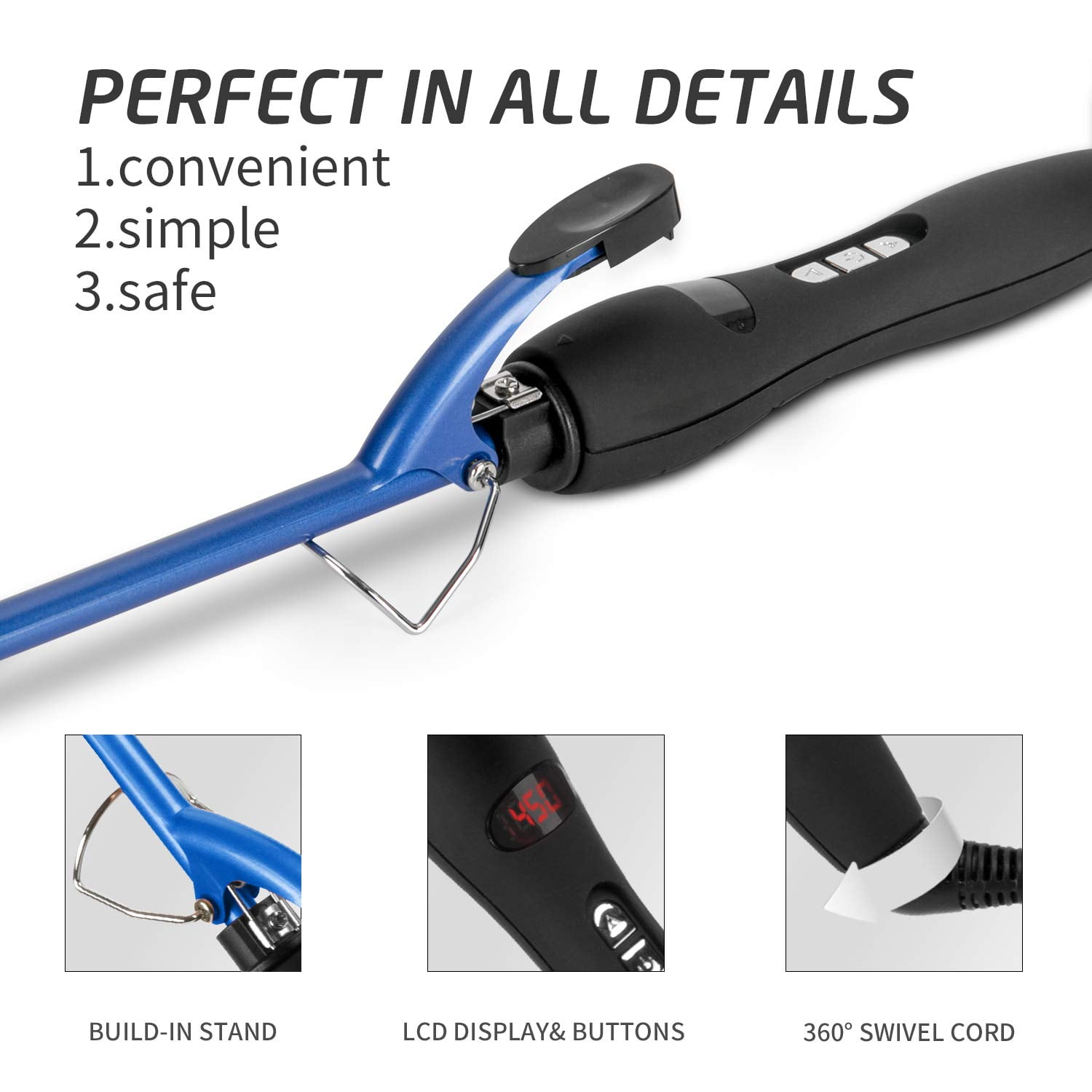 9mm Thin Curling Iron Ceramic, 3/8 inch Small Barrel Curling Wand for Long & Short Hair, LCD Display with 9 Heat Setting Include Glove(Blue)