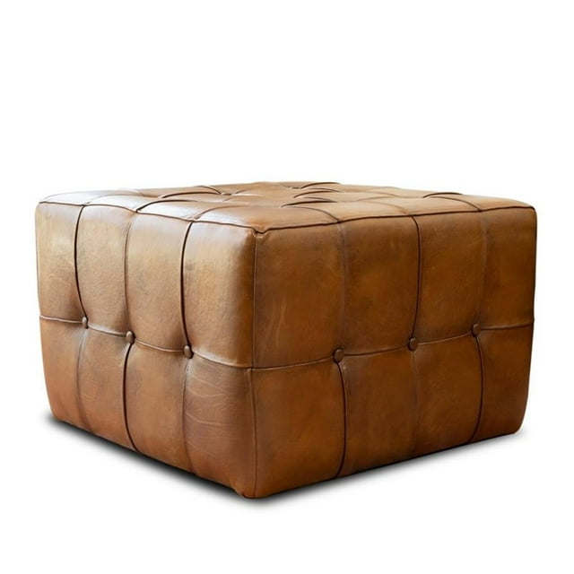 Bumble Ottomane Carrée en Cuir Véritable de 27,5 Po, Style Mi-Siècle Moderne, Brun
