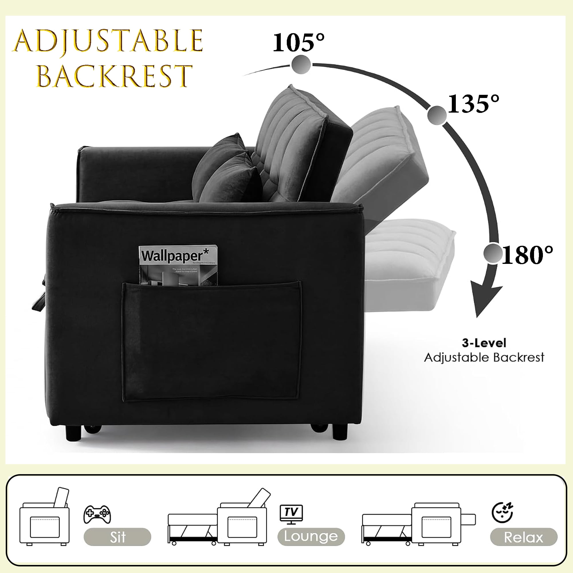 WAKEFIT 54" Pull-Out Sleeper Sofa Bed,3-in-1 Convertible Loveseat Couch with Adjustable Backrest for Small Living Room,Velvet,Black
