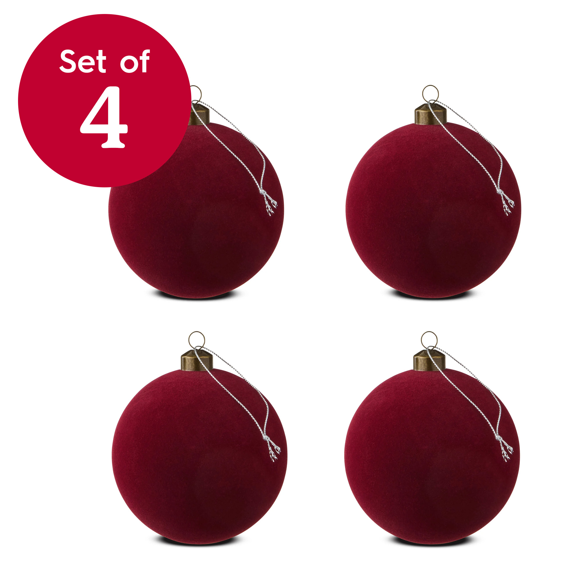 4 Count Dark Red Velvet-Feel Ball Christmas Ornaments, 4.5", by Holiday Time