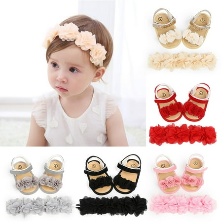 

SPRING PARK Soft Sole Baby Girl ShoesSolid Color Rose Anti-slip Soft Sole Sandals+Headband