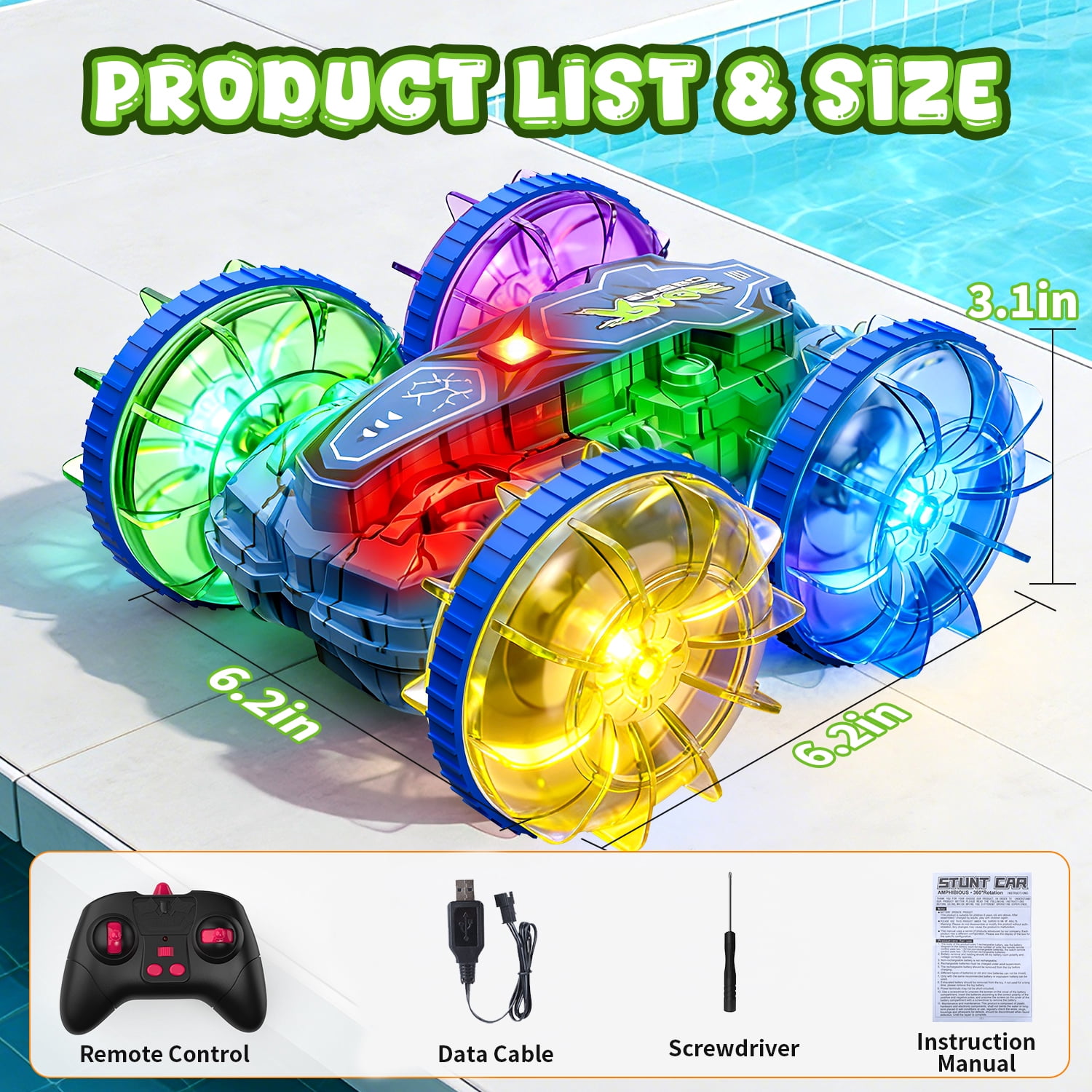 JoyStone Amphibious RC Car for Kids, 4WD Waterproof All Terrain Remote Control Stunt Truck with Double-Sided Driving, LED Light-Up Wheels, 2 Batteries, Blue