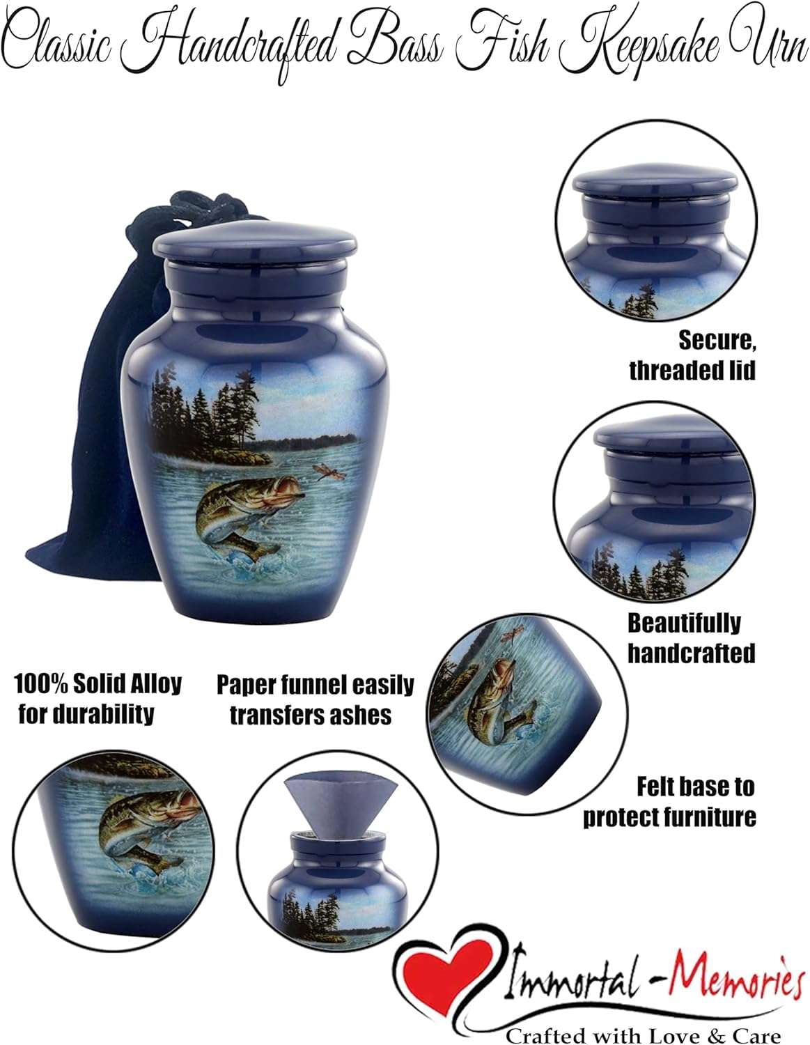 Gone Fishing Bass Keepsake Urn – Mini Cremation Urn for Human Ashes, Fisherman Memorial Sharing Urn with Velvet Bag & Funnel (Keepsake)