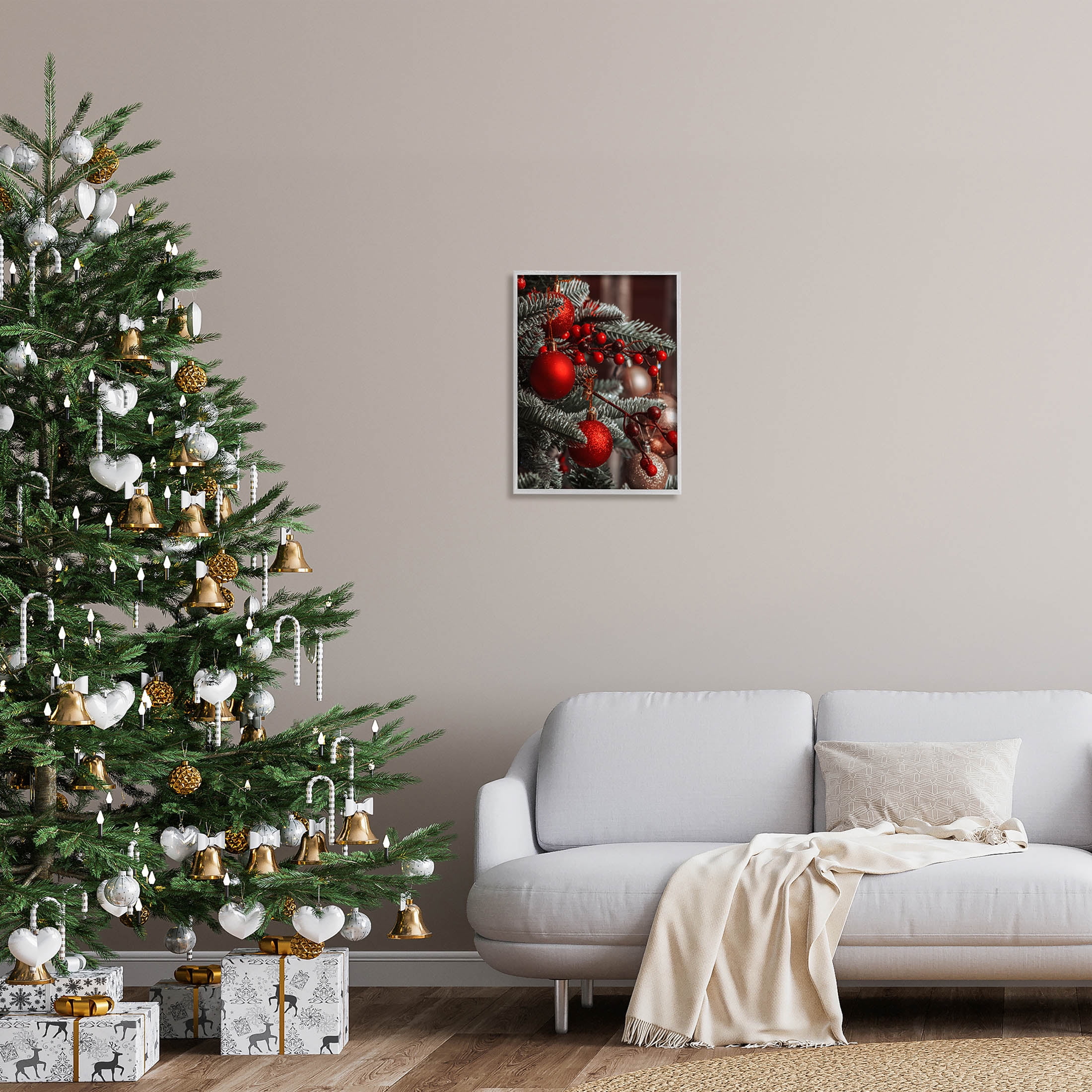 Hanging Red Ornaments Christmas Tree Holiday Photograph Gray Framed Art Print Wall Art