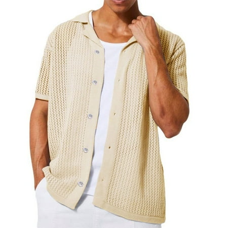 

KDJ Mens Knitted Turn-down Collar Hollow Out Shirt Breathable Tops Vintage Cardigans