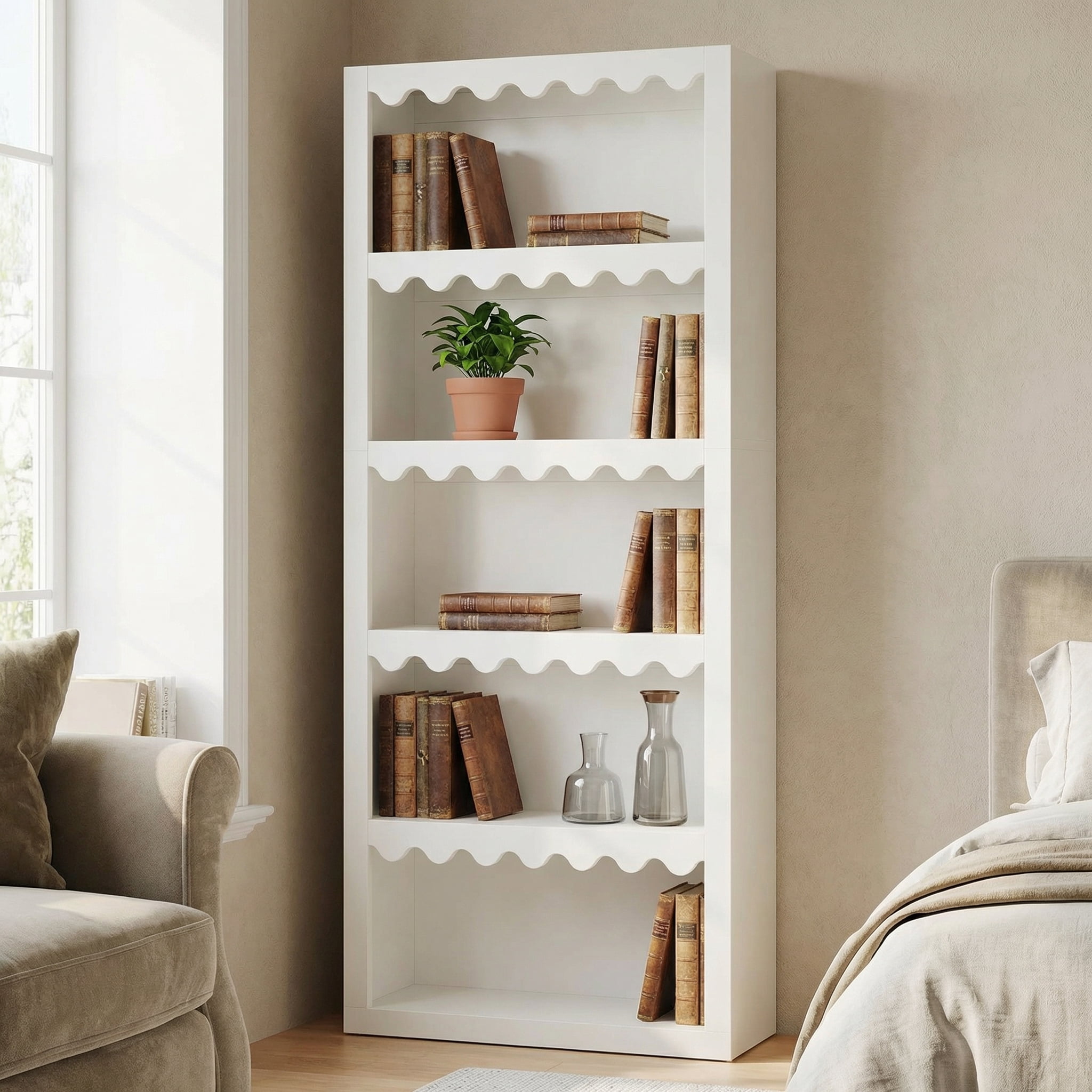 Fnova 5-Tier Open Bookcase, 70" Tall Bookshelf with Scalloped Edges, Modern Display Shelves Storage Organizer for Living Room, Home Office, White