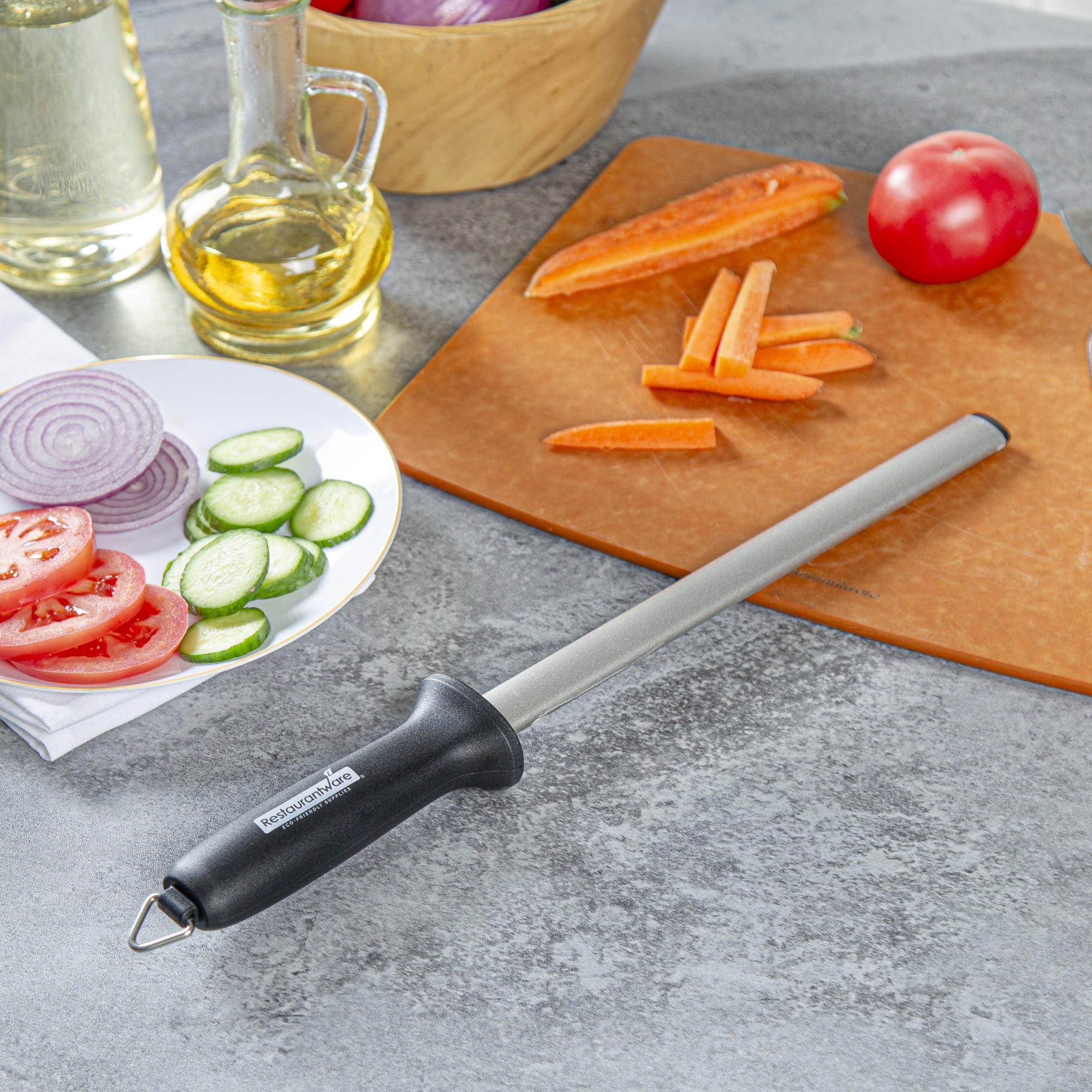 Restaurantware-10 Inch Knife Sharpener Rod, 1 Professional Knife Honing Rod - Nylon Handle, Diamond Coating, Black Stainless Steel Sharpening Steel, For Sharpening and Realigning Knife Blades,