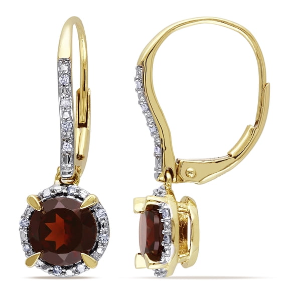 Everly Women's 2ct TGW Garnet and 1/10ct TW Diamond 10k Yellow Gold Halo Leverback Earrings