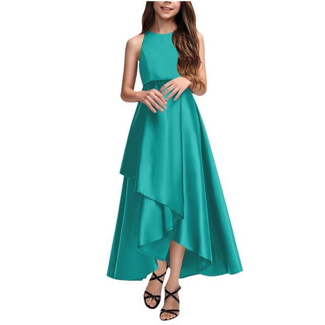 Bwiyojiz Tailles Mode 110-160 Robe de Performance Confortable Unie pour Filles Sans Manches à Col Rond Jupe Longue pour Enfants