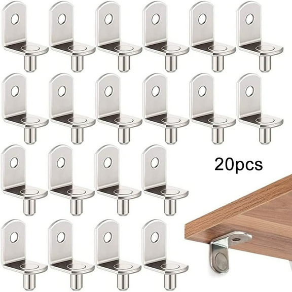 CHENGSI for 20 Pack L-Shaped Shelf Support Pegs 5mm Cabinet Pins Kitchen Brackets Metal Riveted Studs for Furniture Shelves Wine Cabinets Bookcases Closets Silver Tone