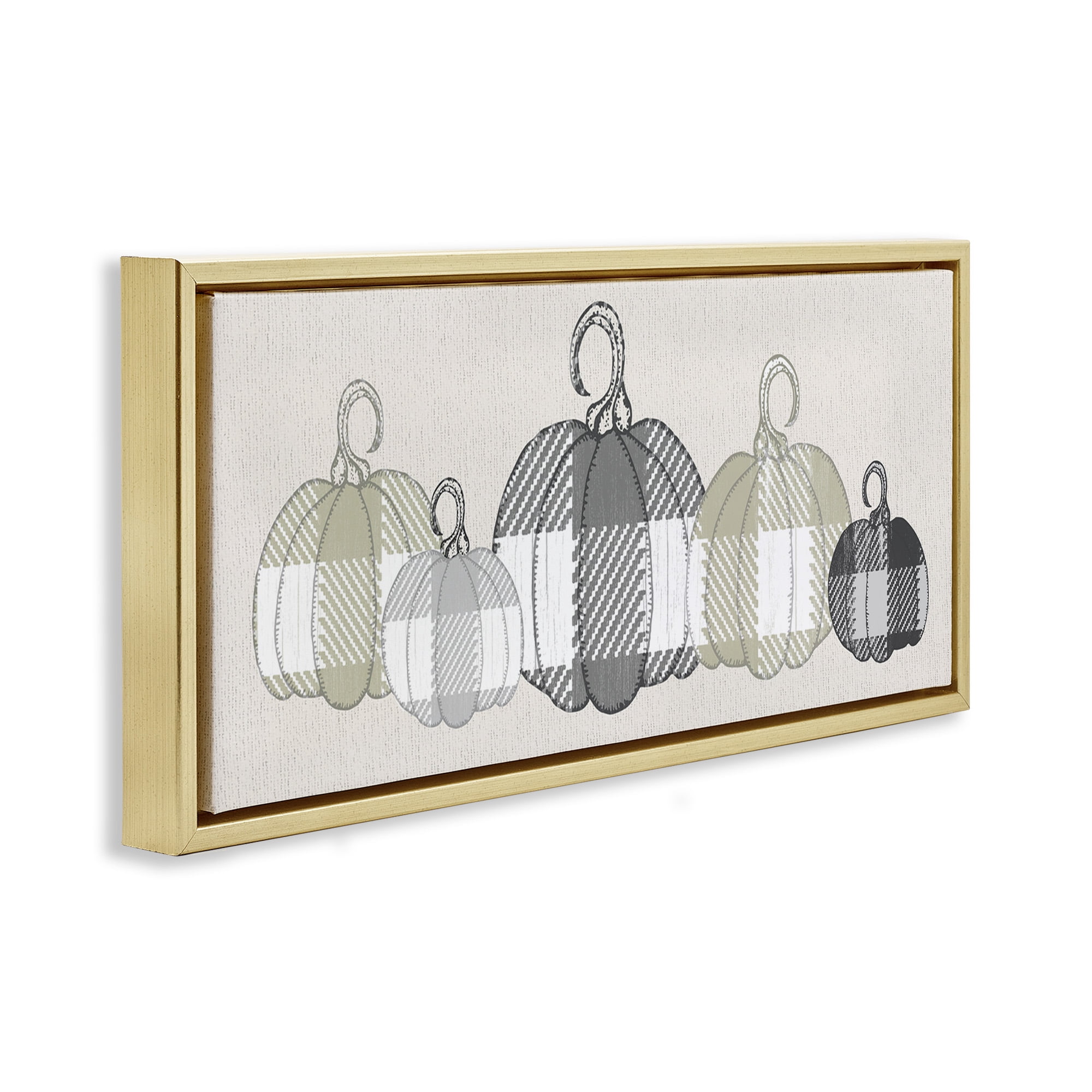 Stupell Industries Checker Plaid Patterned Pumpkins Landscape Painting Gold Floater Framed Canvas Art Print Wall Art, 31 x 14