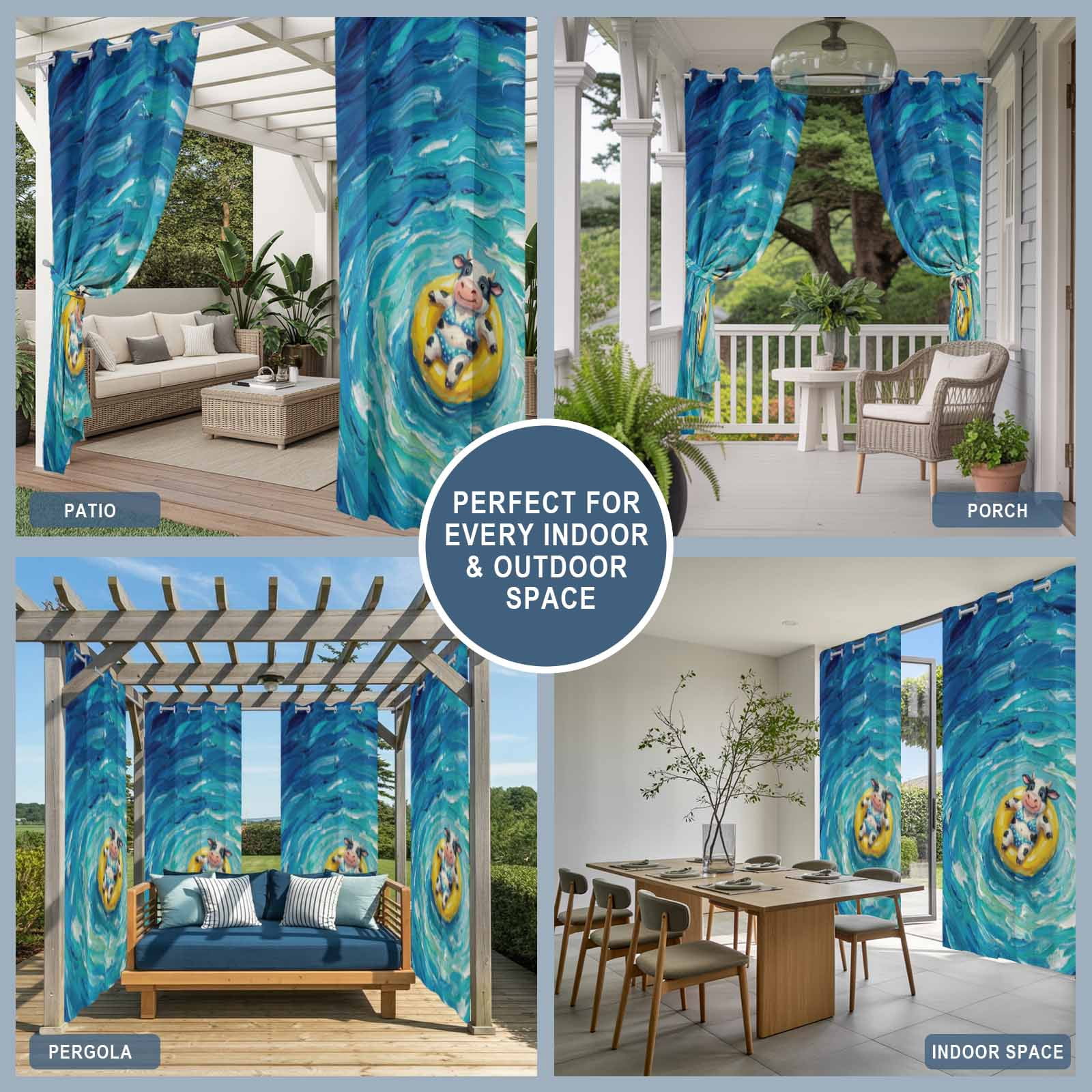 Funny Art Outdoor Curtains for Patio, Summer Cow Swimming Blue Sea View Oil Painting Sunshade Privacy Drapes Grommet Waterproof Outside Curtains for Porch/Cabana/Balcony 54"x 108", 1 Panel