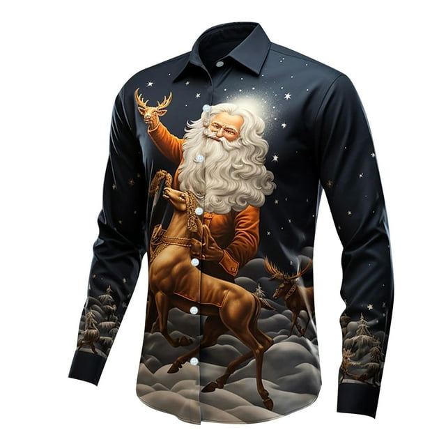 Men's Shirts Santa Digital 3D Printed Button Lapel Long Sleeve Apparel for Christmas Celebrations