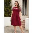 thumbnail image 5 of Plus Size Lace Chiffon Wrap Crew Neck Dresses Women Cocktail Wedding Guest Midi Dress Wine Red XL, 5 of 7