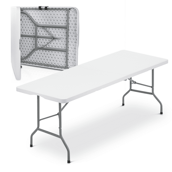 Magshion 8Ft Foldable Heavy Duty Table, Indoor Outdoor Portable Plastic Picnic Desk w/Steel Legs and Handle, White