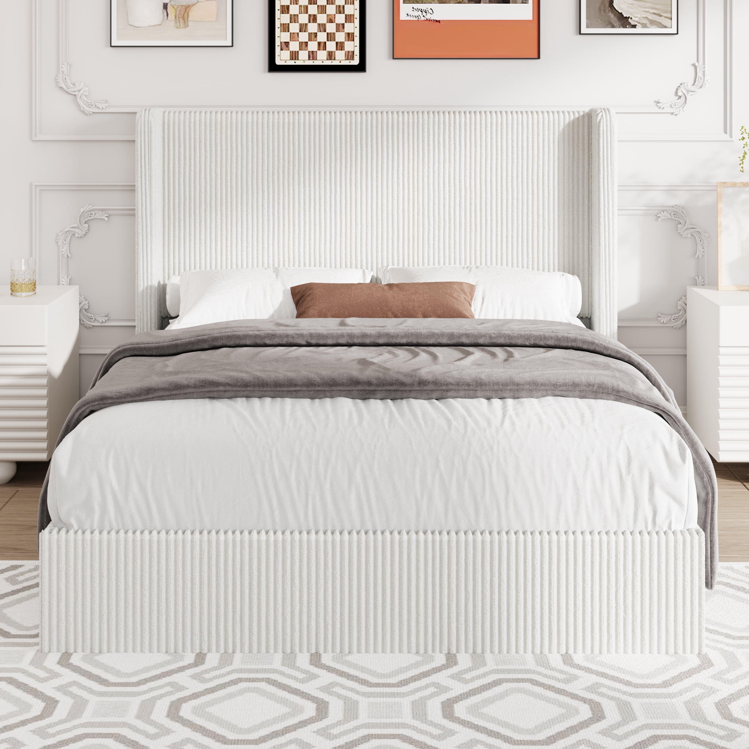 Amolife Full size Hydraulic Lift Storage Bed Frame with Wingback Headboard, Corduroy Upholstery, White