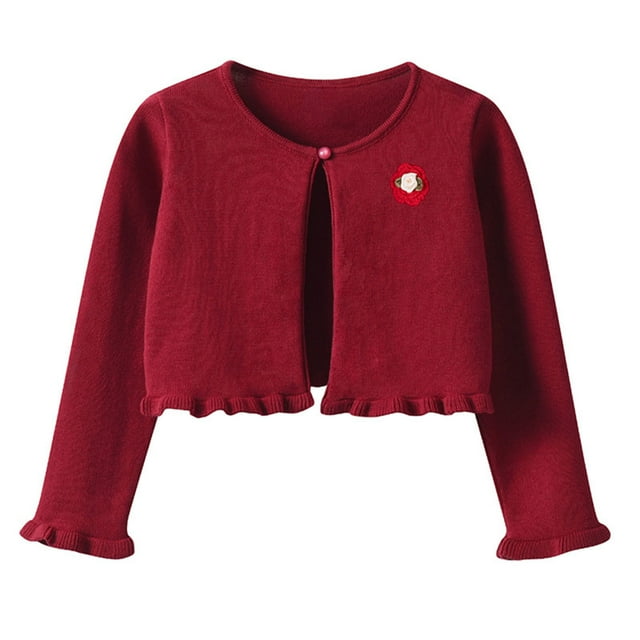 2025 Toddler Kids Baby Girls Fashion Cute Solid Color Flower Long Sleeve Button Cardigan Coat Red