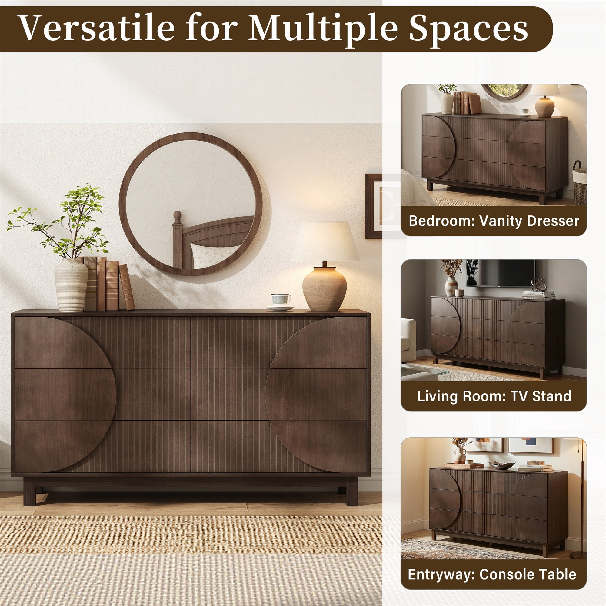 Alvantor 6 Drawer Dresser, 60" Wide Wooden Chest of Drawers with Upgraded Stable Base, Fluted Dresser for Bedroom Dark Brown