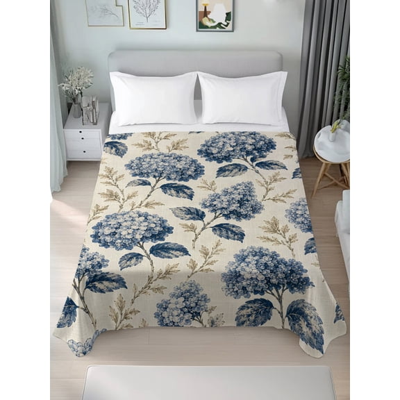 Queen Flat Sheet Only Watercolor Hydrangea Flower Soft Microfiber Cooling Bedding Sheets Vintage Floral Leaves Beige Flat Bed Sheet for Hotel,Home Decor