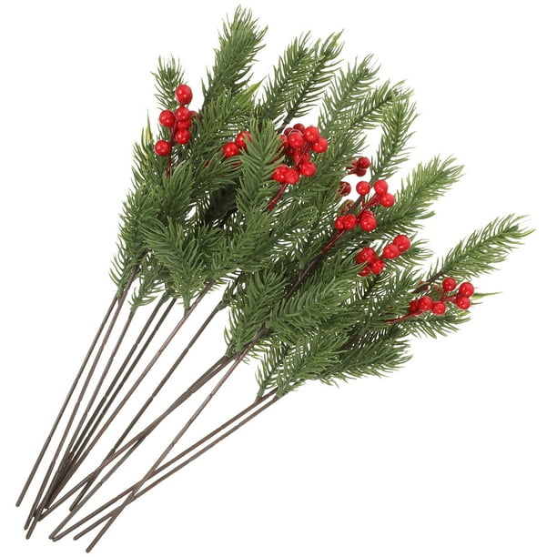 12 ramas de agujas de pino artificiales, púas de bayas de pino artificiales, guirnalda navideña decorativa.