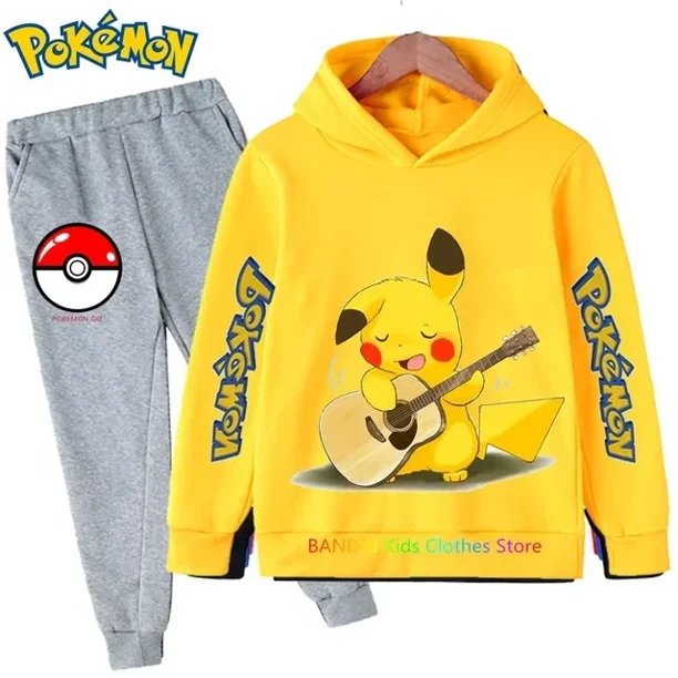 Conjunto de ropa deportiva de algodón con capucha para niño Y niña, traje de Sudadera con capucha de Pokémon, Pikachu, pantalones, ropa para 2 peces, 3, 4, 5, 6, 7, 8, 9, 10, 11, 12, 13, 14 años