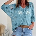 thumbnail image 2 of Fewfanhot Women Crochet Hollow‑Out V‑Neck 3/4 Sleeve Top, Loose Knit Casual Pullover Blouse for Ladies, 2 of 7