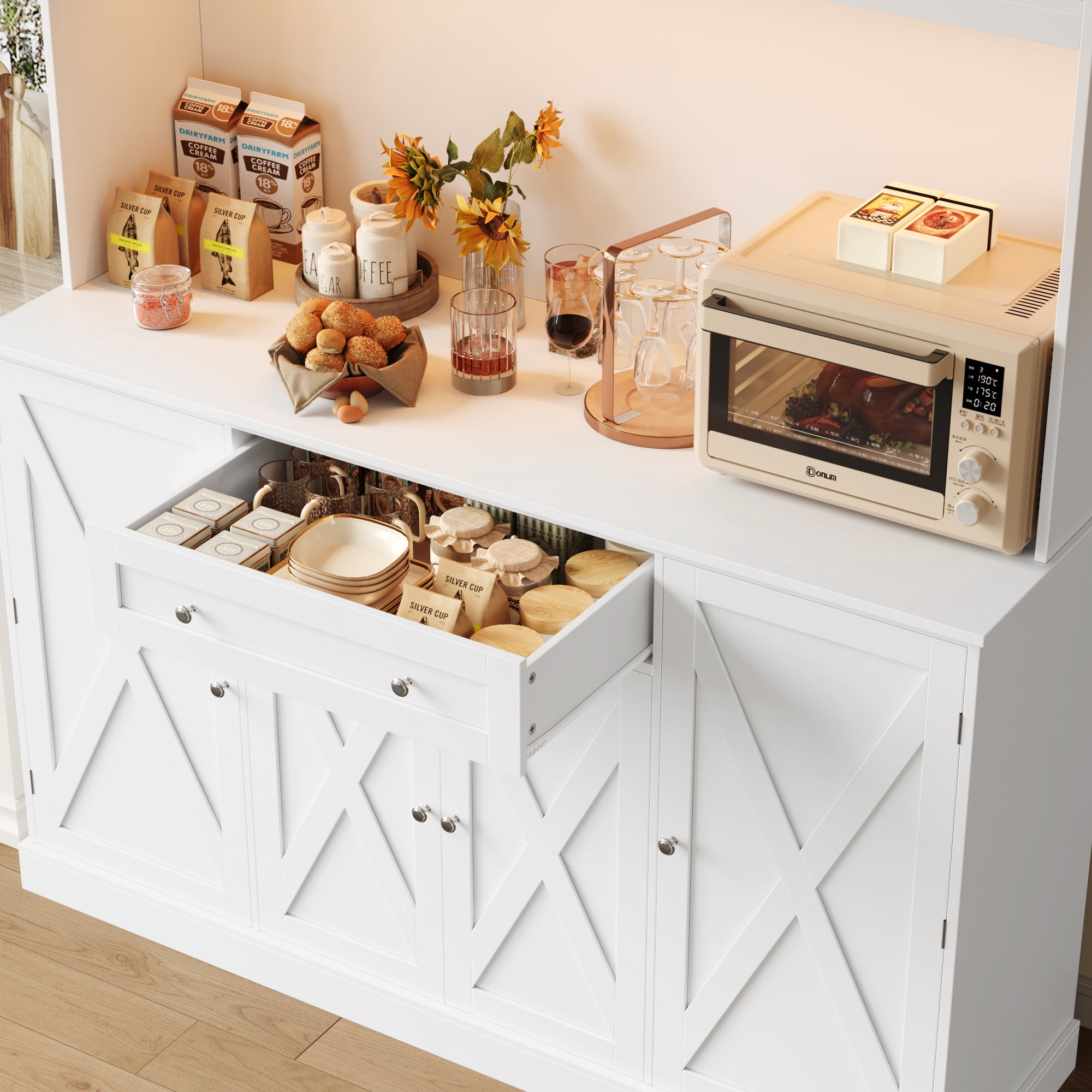 Homfa 72.8'' Tall Kitchen Pantry Cabinet with LED Lights & Charging Station, 8 Doors Storage Cabinet with Drawers & Shelves & Countertop, Kitchen Hutch with Adjustable Shelves for Dining Room, White