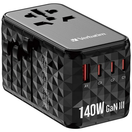 Verbatim UTA-10 GaN III Universal Travel Adapter 140W - USB-C, USB-A - 140 W - 120 V AC, 230 V AC Input