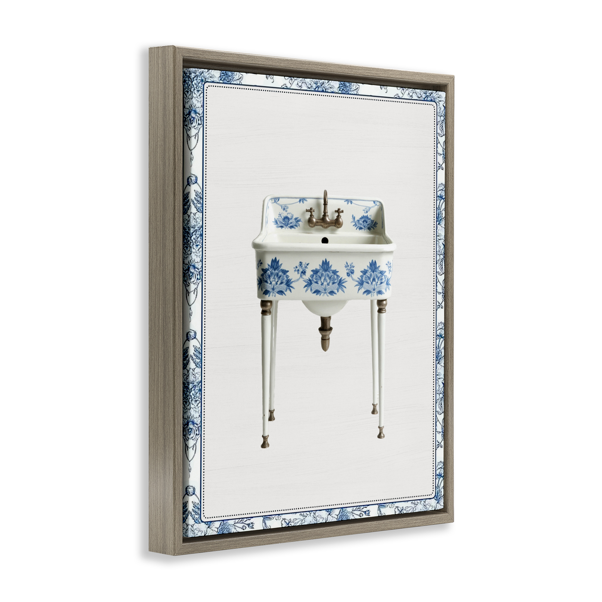 Vintage Chinoiserie Sink Brown Framed Floater Canvas Wall Art, design by Lettered and Lined