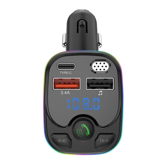 Herunwer Bluetooth 5.3 FM Transmitter Car Charger with Triple USB Ports, Hands-Free Call, and Colorful LED