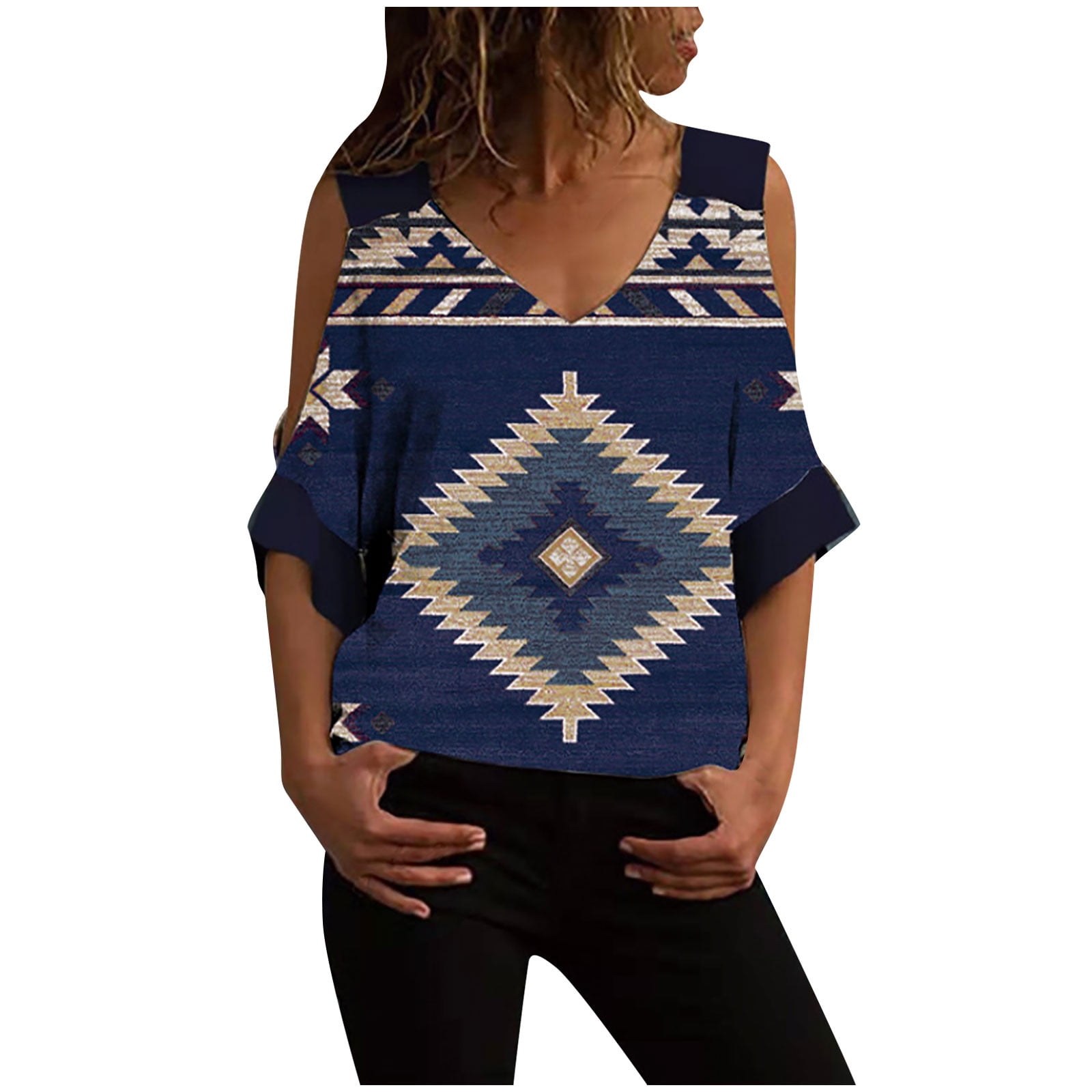 jovati Women Fashion Retro Print Off Shoulder V-neck Short Sleeve 百貨店の販売 shirt pattern sleeve short