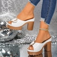 thumbnail image 3 of Rokment Women's Platform Heels Slides Sandals Ladies Fashion Casual Leather Metal Buckle Peep Toe Chunky Block Extra Heeled Dressy Slip on Comfortable Walking Summer Backless Shoes White Size 8.5, 3 of 5