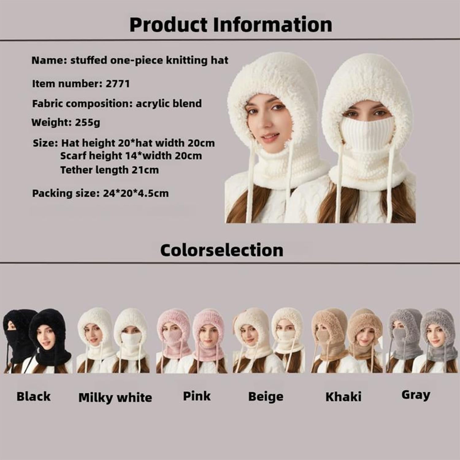 Choosemuc Hat, Women's Outdoors Windproof Scarf Hat, 3-in-1 Winter Balaclava for Women, Knitted Ski Scarf and Mask Set Khaki