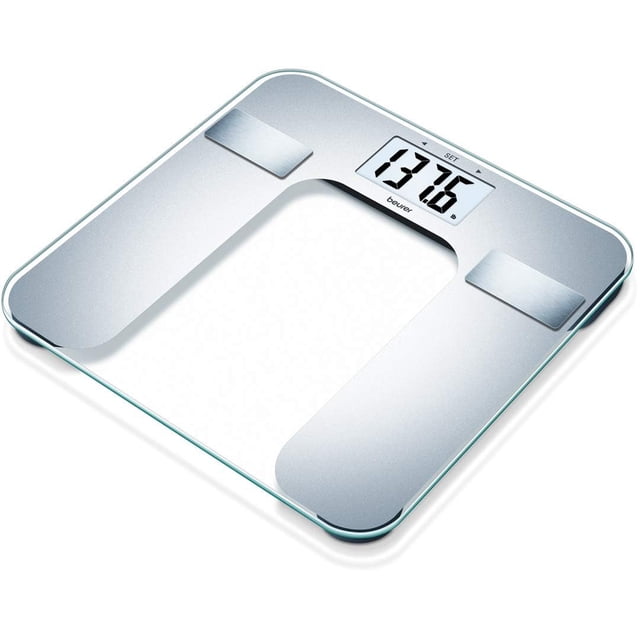Analizador de grasa corporal Beurer, IMC, multiusuario y reconocimiento, báscula digital para baño, pantalla XL, BF130, color plata