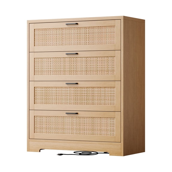 Rattan 4-Drawer Tall Wooden Dresser, Stylish Storage Chest for Bedroom Closet Living Room Hallway - Natural