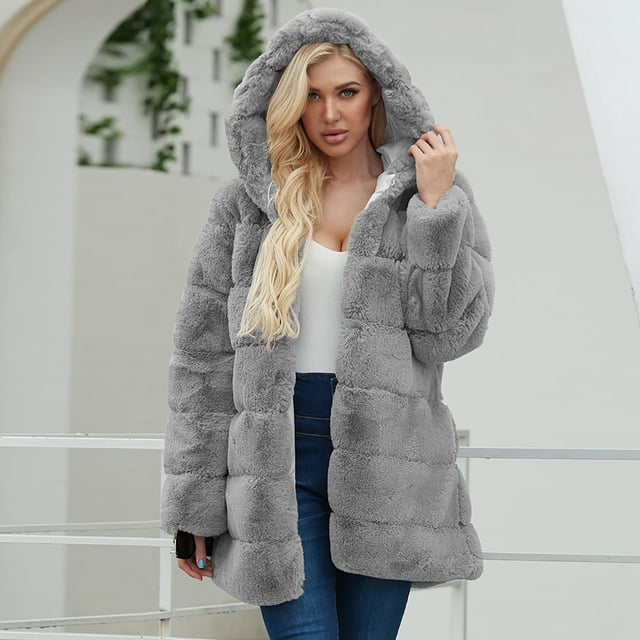 IROINID Women's Winter Warm Mid-Long Coat Solid Color Open Front Long Sleeve Outwear, Gray