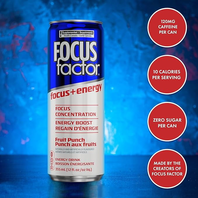 Focus Factor Energy Drink - 12 x 355ml Cans (Fruit Punch Flavor), Lightly Carbonated, Sugar Free