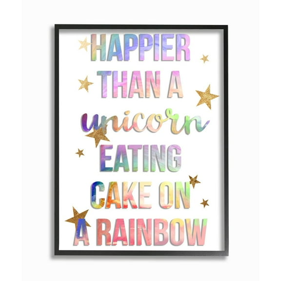 Stupell Industries Happier Than Unicorn Eating Cake on Rainbow Quote Framed Wall Art Design by Daphne Polselli, 11" x 14", Black Framed