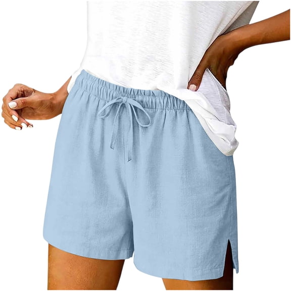 Hurxie Casual Linen Shorts for Women, Drawstring Elastic Waist Split Side Summer Line Comfy Lounge Short with Pocket Light Blue,M