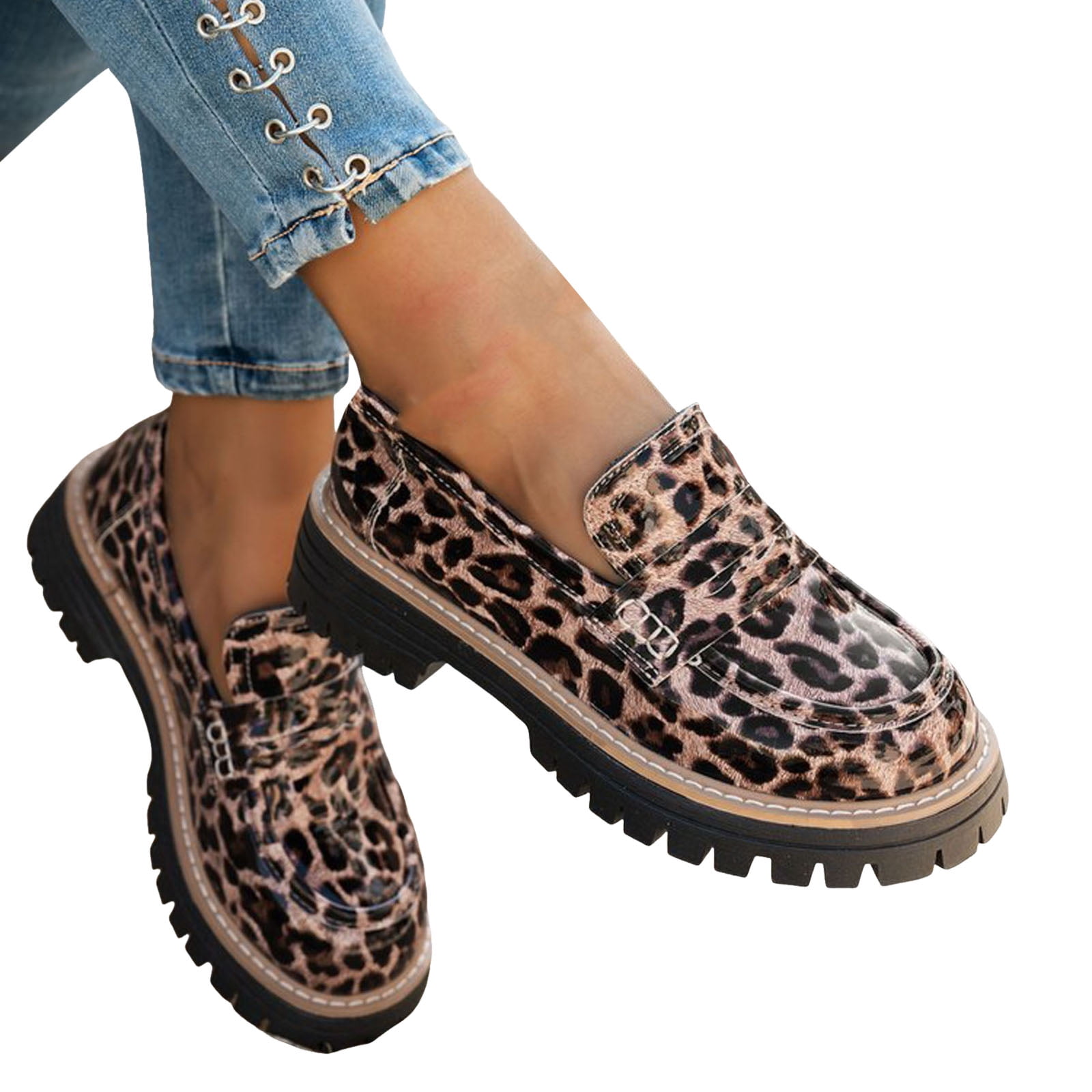 Vintage Leopard Slip on Penny Loafers for Women Old School Casual