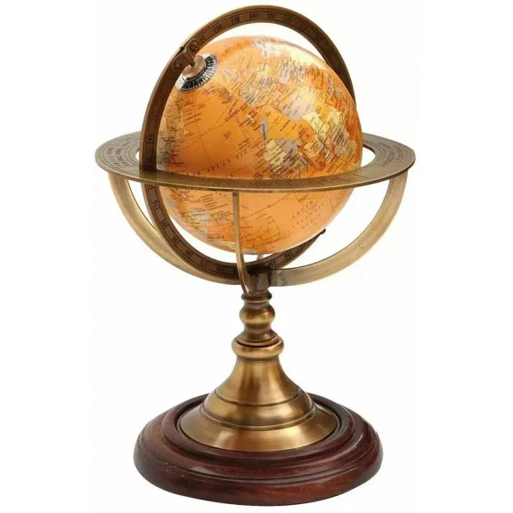 1. Antique 11" Brass Globe with World Map – Armillary Astrolabe Sphere | Nautical Vintage Desk Accent