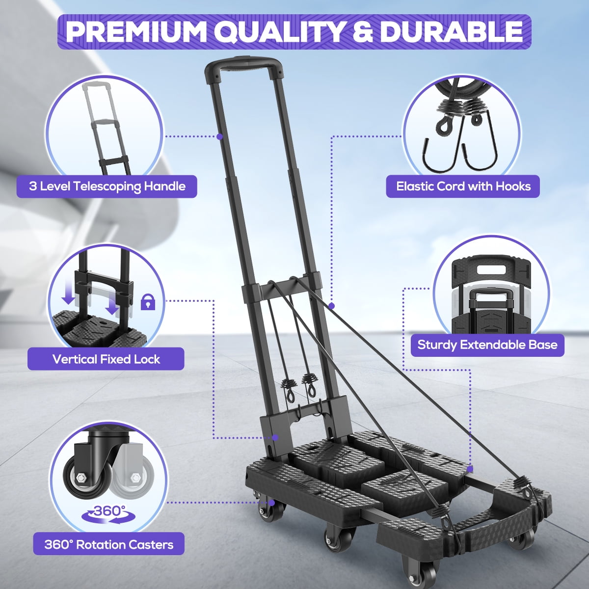 TNTANTS Folding Hand Truck, 500 LB Heavy Duty Portable Dolly Cart, 6 Wheels Collapsible Luggage Trolley with 3 Elastic Ropes, Hand Cart for Travel, Moving, Shopping, Black