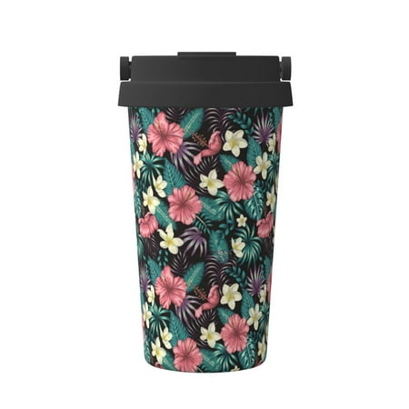 

Xecao Green Tropical Leaves Pattern Insulated Coffee Mug with Handle & Flip Thermos Mug Water Bottle Coffee Tumbler Cup