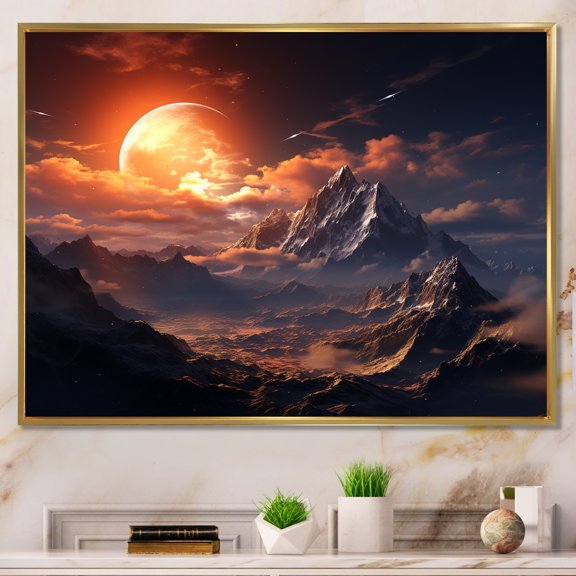 Designart "Lunar Landscapes Space Mountains VI" Astronomy & Space Framed Wall Art - Modern Yellow Space Landscapes Entryway Framed Wall Art Print